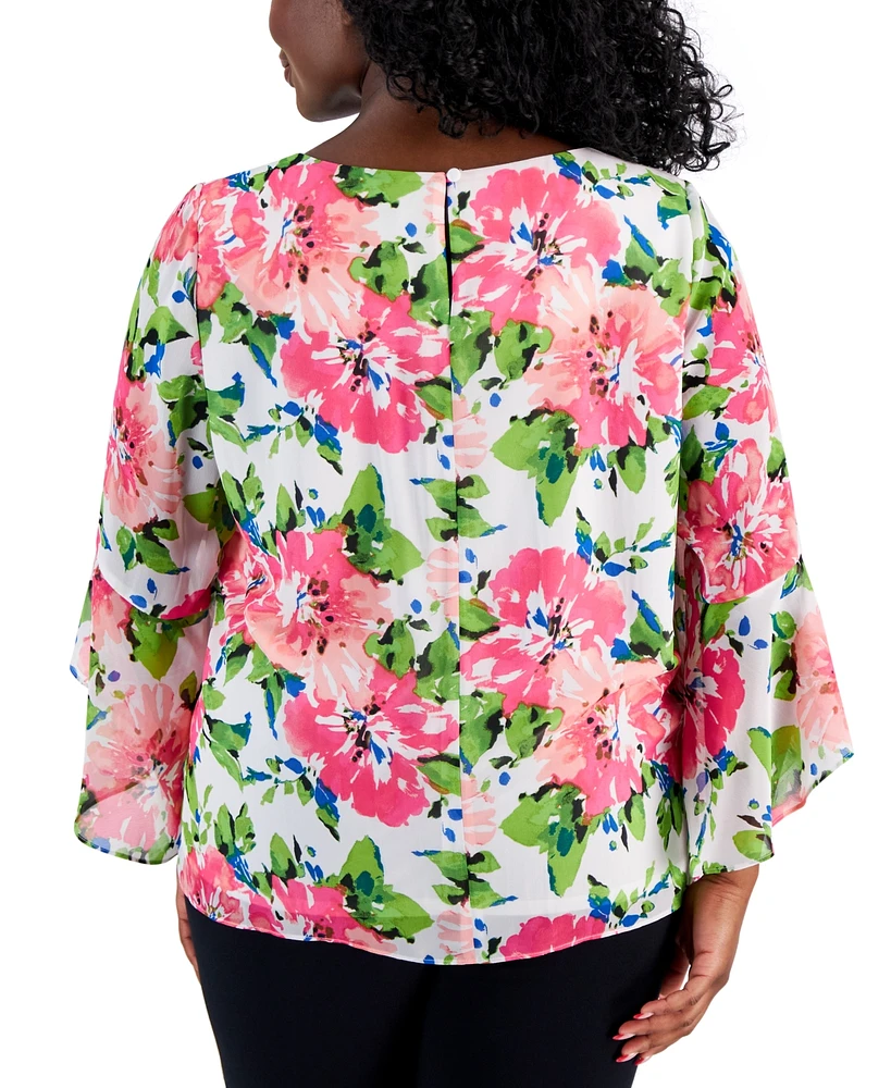 Kasper Plus Floral Ruffled-Cuff 3/4-Sleeve Top, Created for Macy's