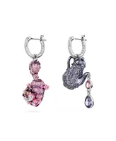 Swarovski Asymmetrical Design, Cat and Teapot, Multicolored, Rhodium Plated Alice In Wonderland Drop Earrings