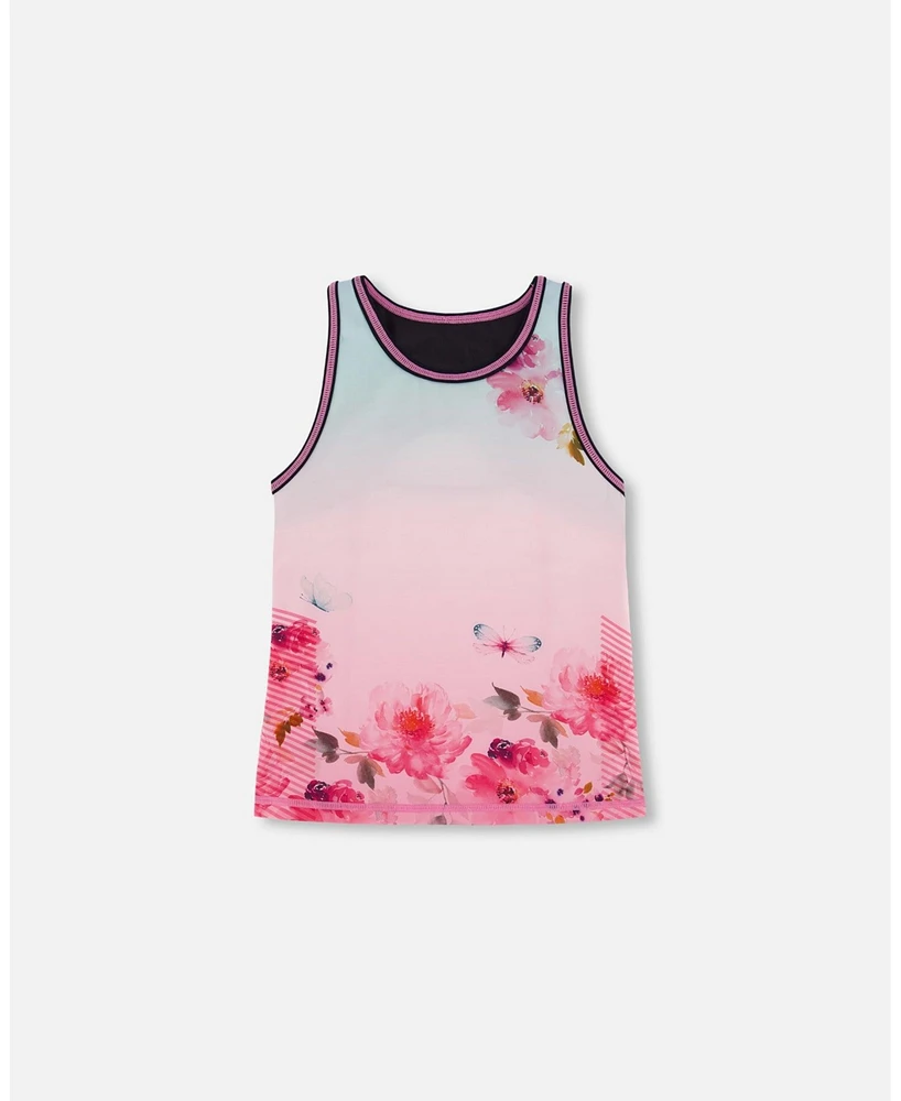 Girl Athletic Tank Gradient Pink Printed Big Flowers