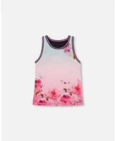 Girl Athletic Tank Gradient Pink Printed Big Flowers