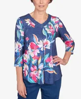 Alfred Dunner Women's Full Bloom Placed Floral V-neck Top