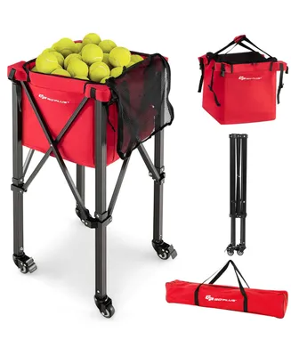 Foldable Tennis Ball Hopper Basket Portable Travel Teaching Cart with Wheels & Bag