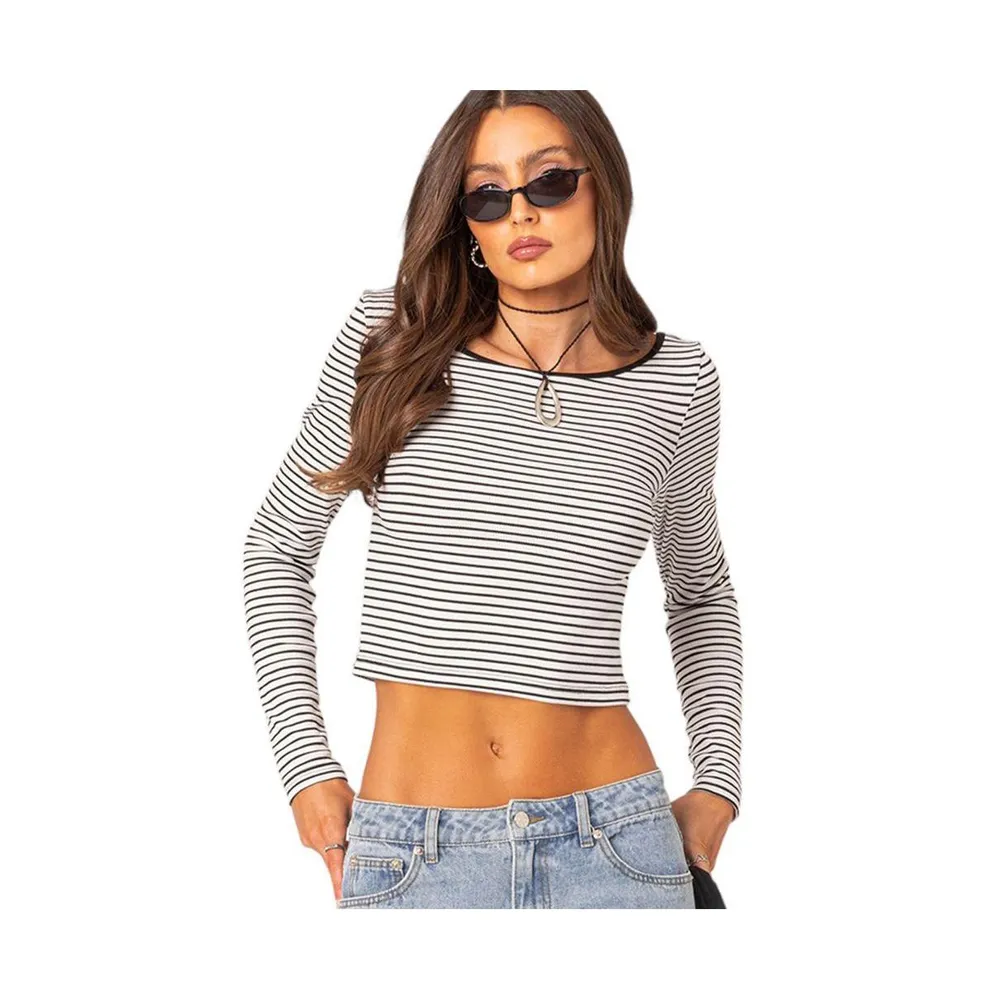 Women's Striped scoop back long sleeve top - Black-and