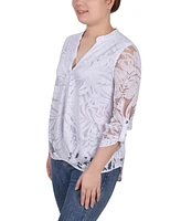 Ny Collection Women's Long Sleeve Burnout Y-neck Blouse