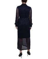 Ny Collection Women's Long Sleeve Plisse Mesh Dress with Belt