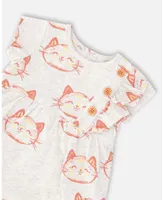 Baby Girl Organic Cotton Printed Romper Heather Beige With Cat - Infant