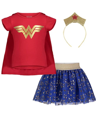 Dc Comics Justice League Wonder Woman Costume T-Shirt Tulle Skirt Headband and Cape 4 Piece Set