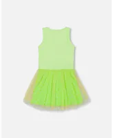 Girl Shiny Ribbed Dress With Mesh Flocking Flowers Lime