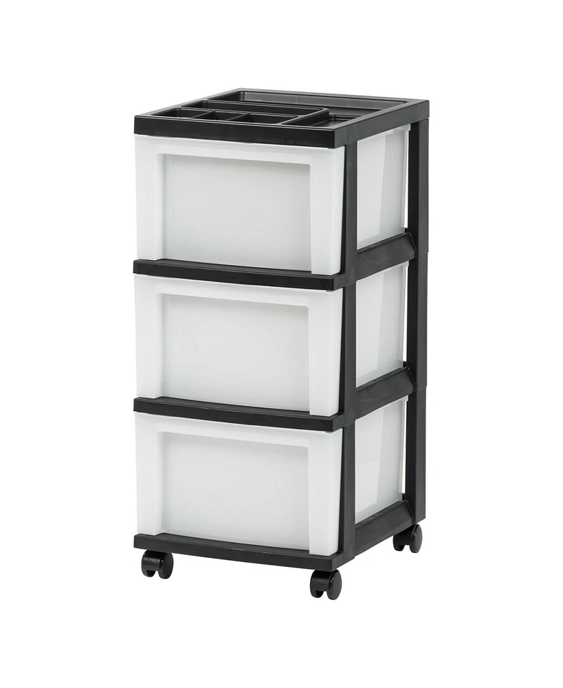 Iris 3 Drawer Rolling Storage Cart with Organizer Top, Black