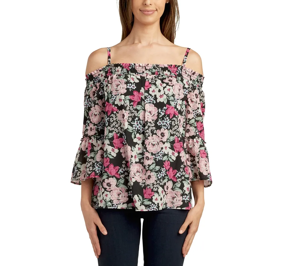 Bcx Juniors' Printed Off-The-Shoulder Cold-Shoulder Peasant Top