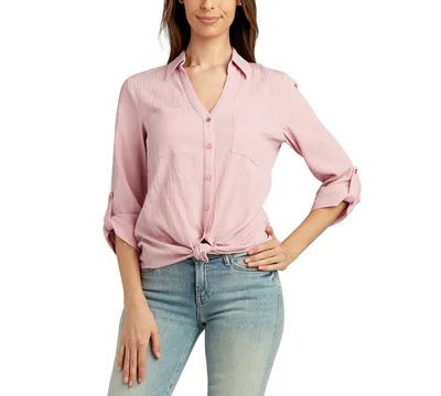 Bcx Juniors' Roll-Sleeve Tie-Front Button-Up Blouse