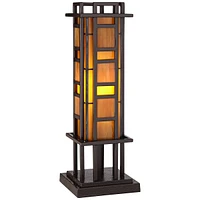 Prairie Style Mission Rustic Pillar Accent Table Lamp Bronze Iron Column Hand-Cut Amber Stained Art Glass for Living Room Bedroom House Bedside Nights