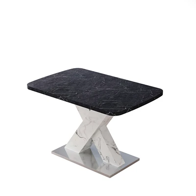 Simplie Fun Modern Square Dining Table, Stretchable, Printed Black Marble Tabletop, X-Shaped Metal Base