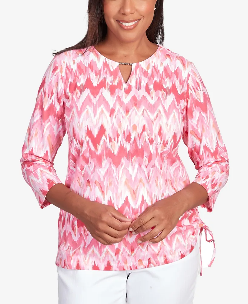 Alfred Dunner Women's Classic Brights Side Tie Chevron Split Neck Top