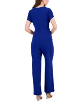 Connected Women's Petal-Sleeve Tie-Waist Square-Neck Jumpsuit