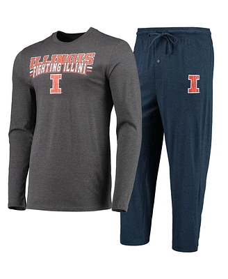 Men's Concepts Sport Navy, Heathered Charcoal Distressed Illinois Fighting Illini Meter Long Sleeve T-shirt and Pants Sleep Set