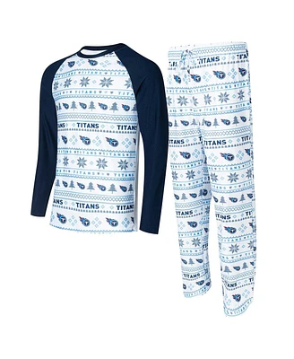 Men's Concepts Sport White, Navy Tennessee Titans Tinsel Raglan Long Sleeve T-shirt and Pants Sleep Set