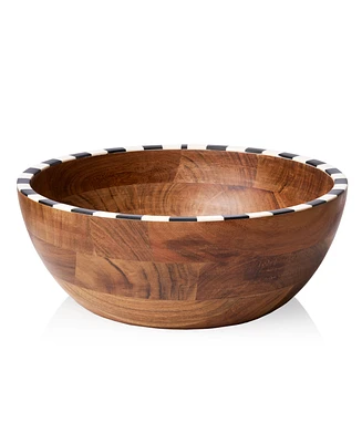 Godinger Signature Collection Acacia Wood Salad Bowl with Black and White Checkered Border
