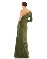 Women's One Sleeve Beaded Cuff Side Twist Gown