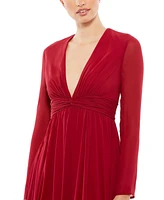 Mac Duggal Women's Ieena V-Neck Front Twist Long Sleeve Gown