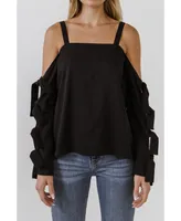 Women's Cold Shoulder Top with Tied Ribbon Sleeve