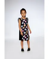 Girl Printed Dress With Mesh Sleeves Black