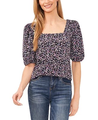 CeCe Women's Floral Print Square Neck Puff-Sleeve Knit Top