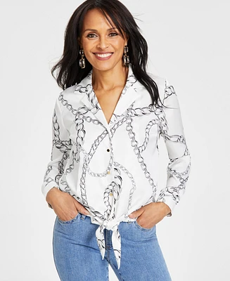 I.n.c. International Concepts Women's Satin Chain-Print Tie-Front Blouse, Created for Macy's