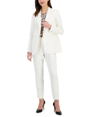 Anne Klein Womens One Button Notch Collar Jacket Printed Boat Neck Top Slim Fit Ankle Pants