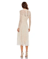 Women's Sequined Illusion High Neck Long Sleeve Midi Dress