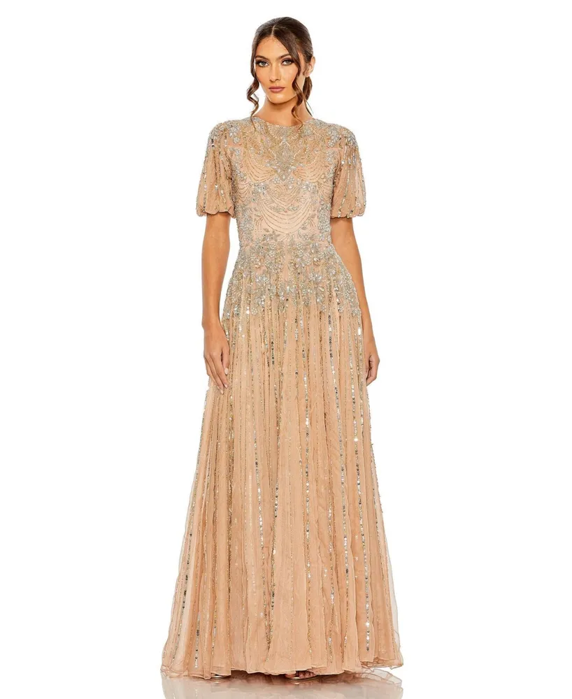 Women's High Neck Puff Sleeve Embellished A Line Gown