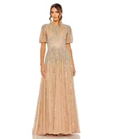 Women's High Neck Puff Sleeve Embellished A Line Gown