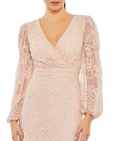 Women's Sequined Tiered Wrap Over Puff Sleeve Gown
