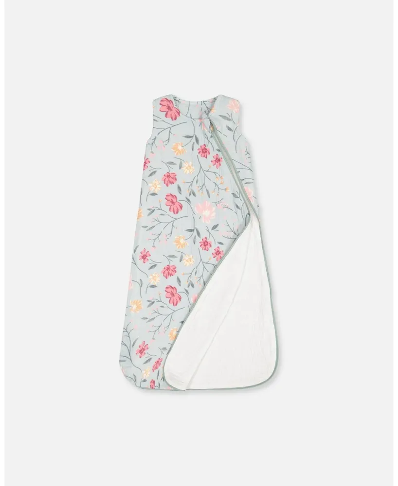 Baby Girl Cotton Muslin Sleep Bag Light Blue With Printed Romantic Flowers - Infant