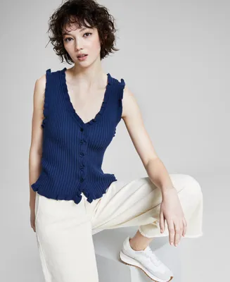 And Now This Women's Ruffle-Trim Button-Up Sweater Vest, Created for Macy's
