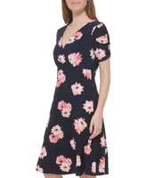 Tommy Hilfiger Petite Floral-Print Ruched-Sleeve Dress