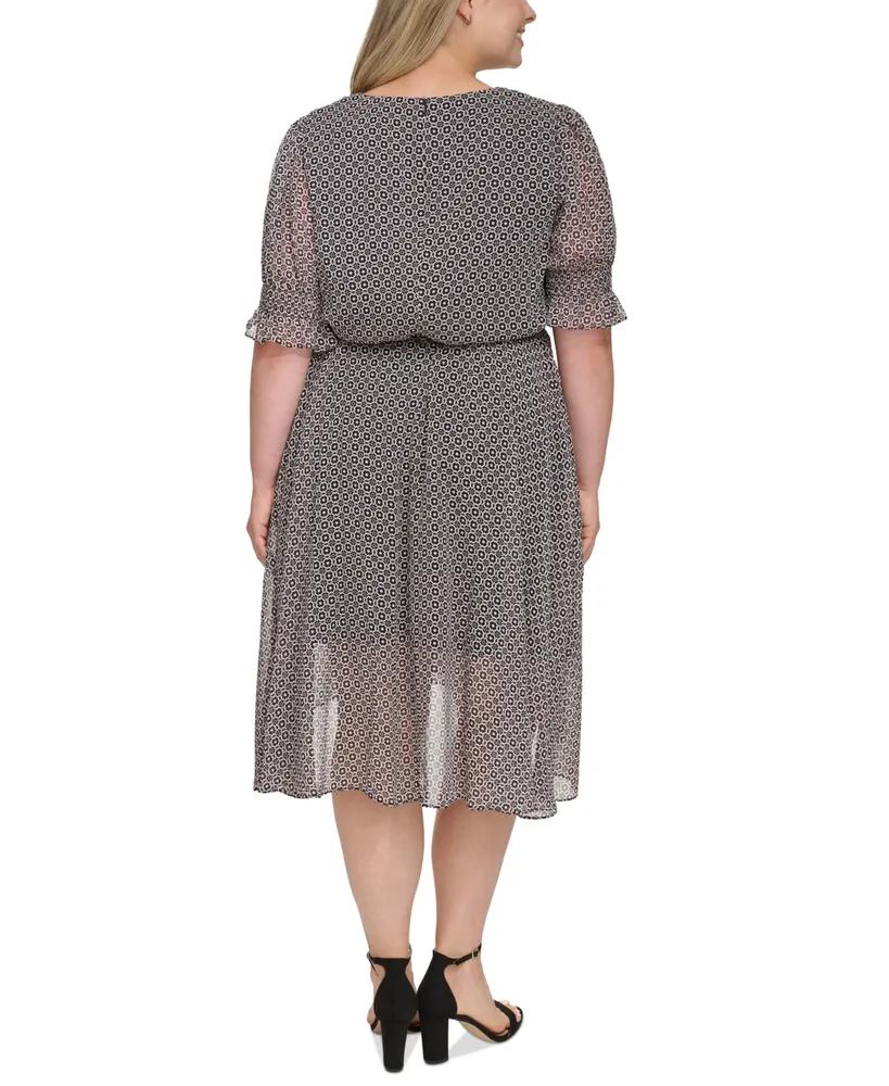 Tommy Hilfiger Plus Printed Smocked-Sleeve Midi Dress