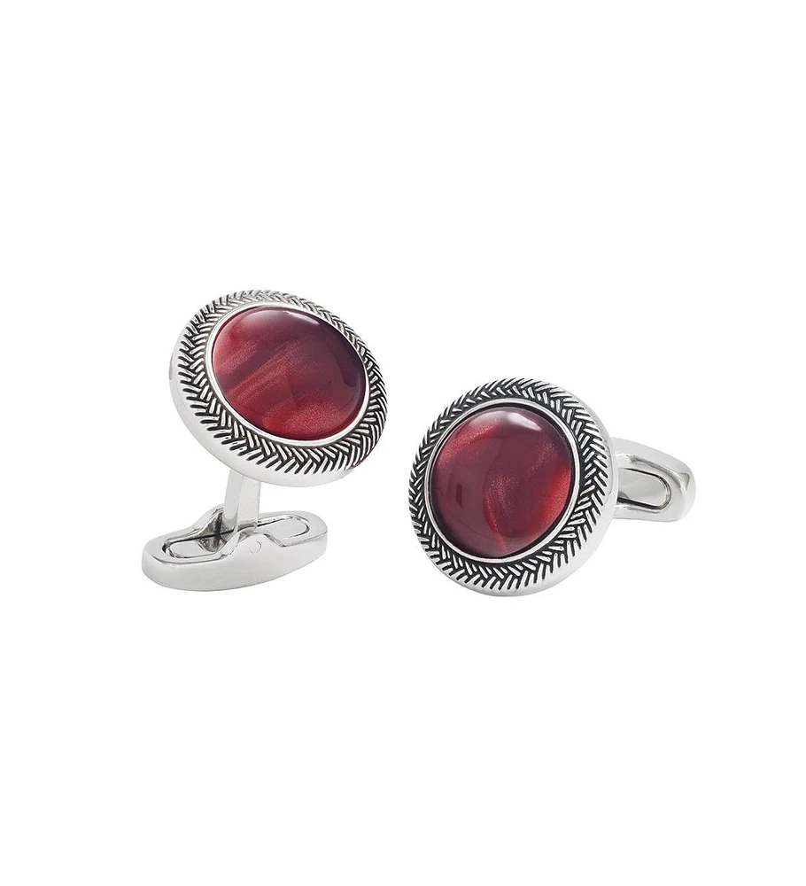 Burgundy Gemstone Round Cufflinks with Antique Silver Braided Border