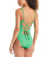Sanctuary Women's Refresh Ribbed Plunging Lace-Back Swimsuit