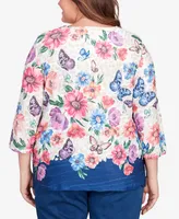 Alfred Dunner Plus Full Bloom Floral Butterfly Border Split Neck Top