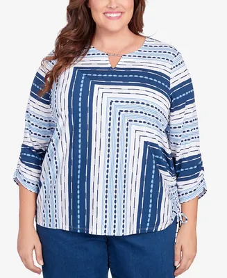 Alfred Dunner Plus Size In Full Bloom Spliced Texture Stripe Side Tie Top