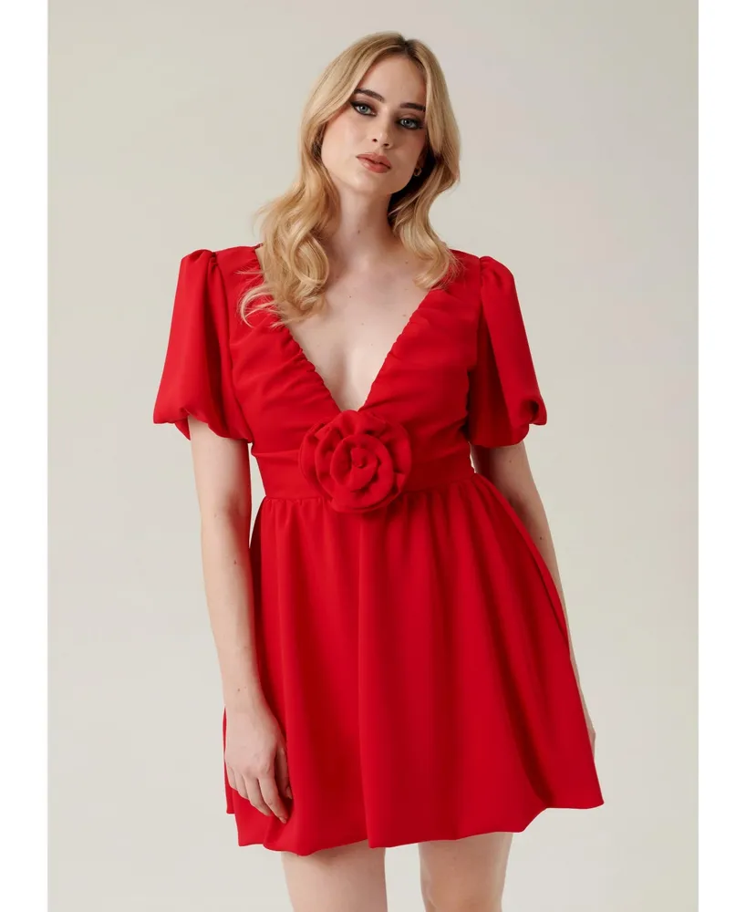 Nana'S Women's Puffed Sleeve Mini Cocktail Dress with Rose Detail