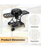 22 inch Charcoal Bbq Grill with Built-In Thermometer Wheels Side & Bottom Shelves