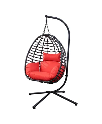 Simplie Fun Outdoor Rattan Hanging Oval Egg Chair In Stock, 37" Lx35" Dx78" H (Red)