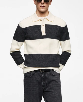 Mango Men's Ribbed Striped Knitted Polo Shirt
