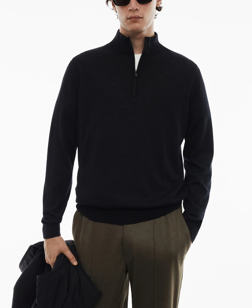 Mango Men's 100% Merino Wool Zipper Collar Sweater