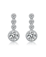 Sterling Silver with White Gold Plated Clear Round Cubic Zirconia Bezel Set Three Tier Drop Earrings