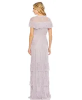 Women's Embellished Cap Sleeve Ruffle Tiered Gown