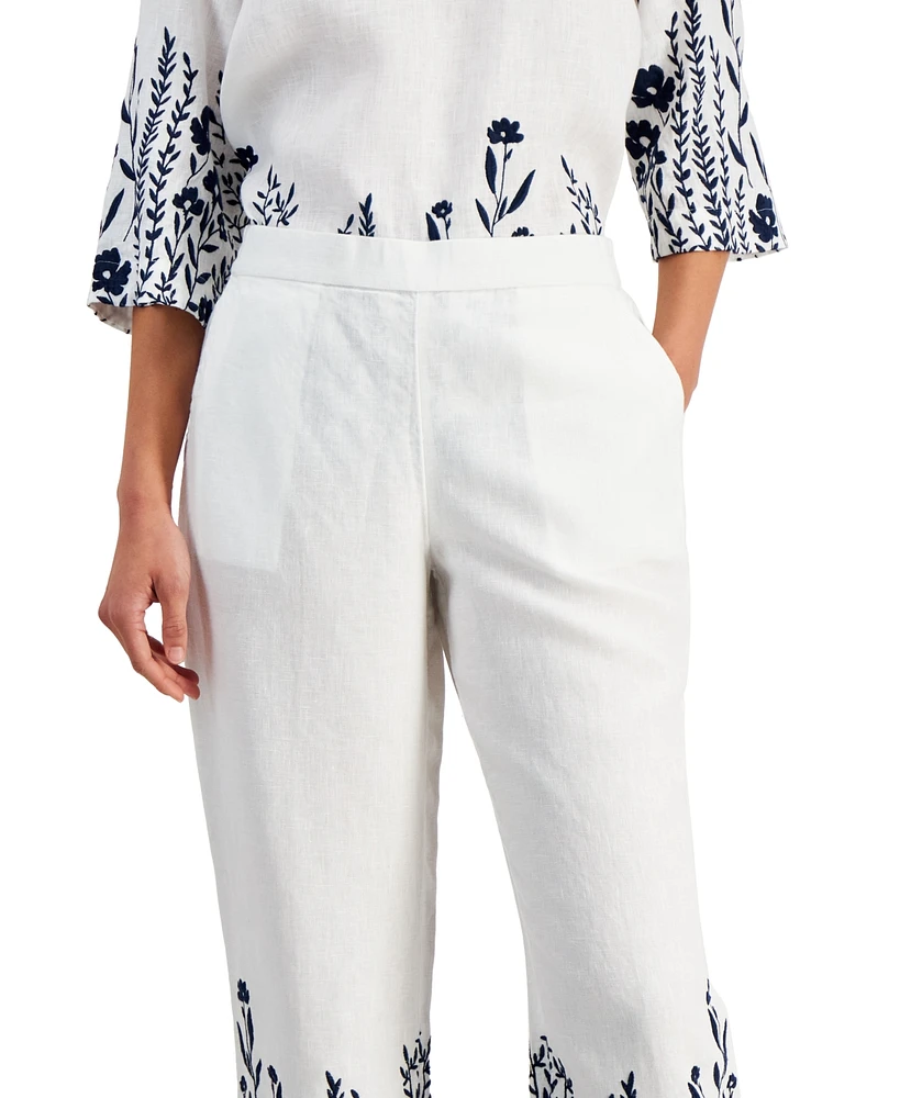 Charter Club Women's 100% Linen Embroidered Cropped Pants, Created for Macy's