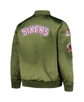 Men's Mitchell & Ness Olive Philadelphia 76ers Hardwood Classics Retro Satin Full-Zip Jacket